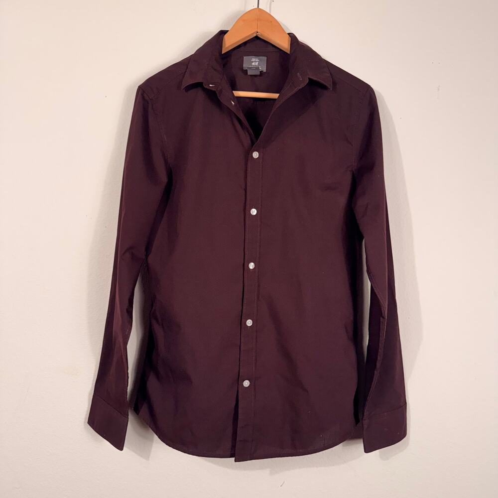 H&M Men's Burgundy Slim Fit Easy Iron Long Sleeve Dress Shirt Size Small